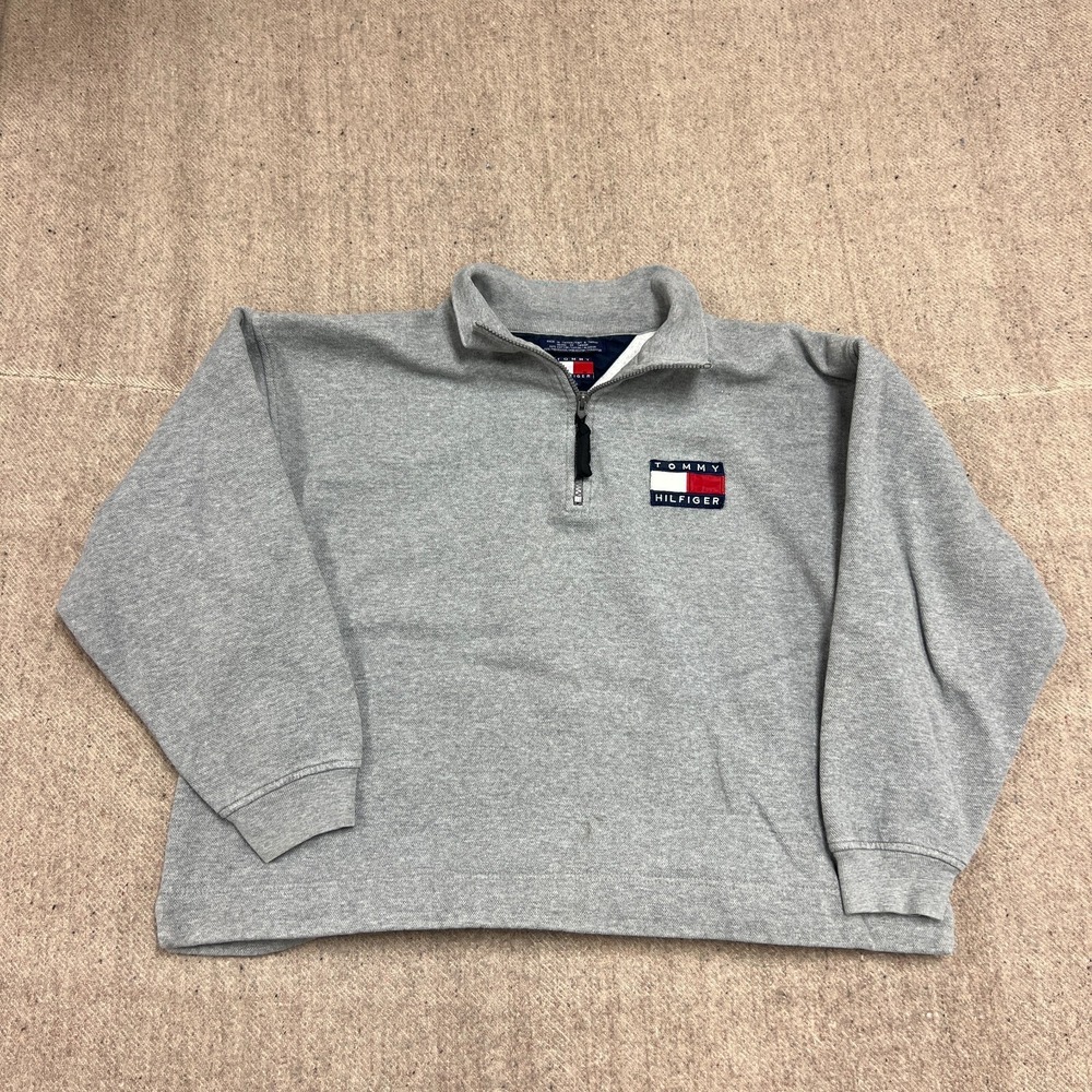 Vintage Tommy Hilfiger Sweatshirt Mens Large Gray 1/4 Zip Cropped